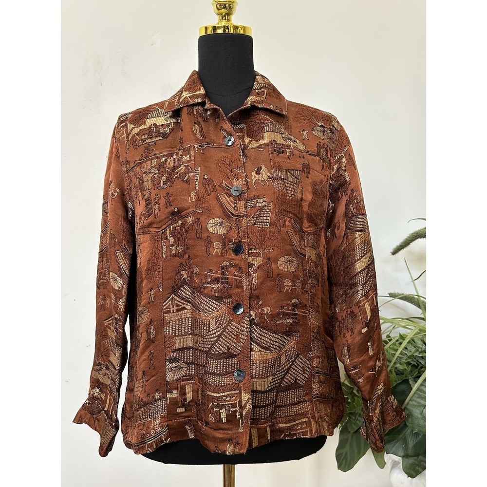VTG Chico's Silk Brocade Asian Pagoda Shirt Jacket Metallic‎ Copper Whimsigoth M